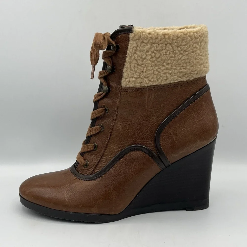 Franco Sarto Ankle Boot‎ Wedge Leather Sherpa Womens 7.5 Brown Lace Up Waverly
